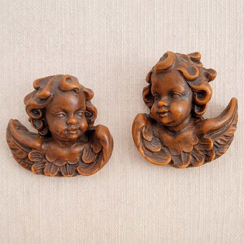 Vintage German Handmade Wax Cherub Angel Wall Plaques Pair Wachskunst Matheis